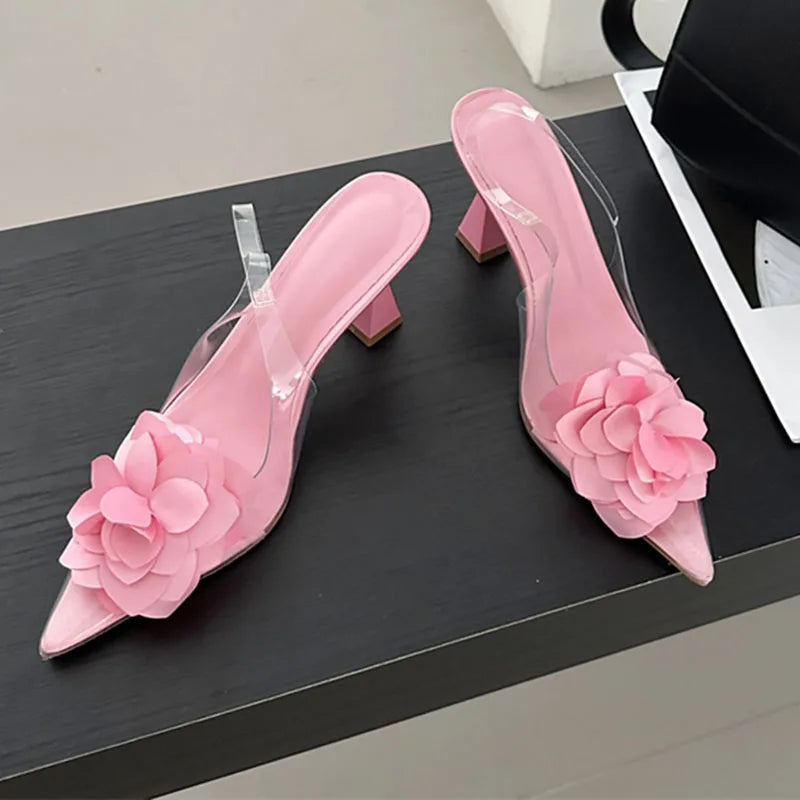 Women's Silk Flower Decorative Single Shoes Transparent PVC Pointed Slingbacks High Heels Party Dress-Dollar Bargains Online Shopping Australia