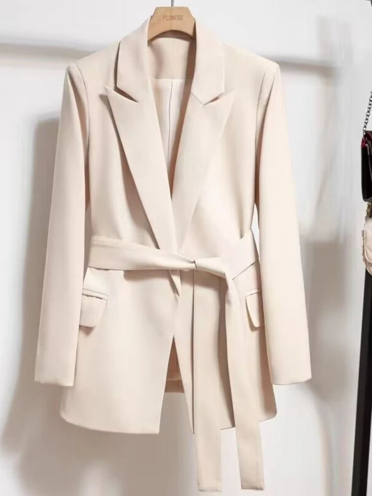 Women's Blazers Spring Autumn Suit Coat Beige Tie Up Jacket Slim Fit Stylish Top Outerwear Office Lady Blazer for Women Clothing-Dollar Bargains Online Shopping Australia