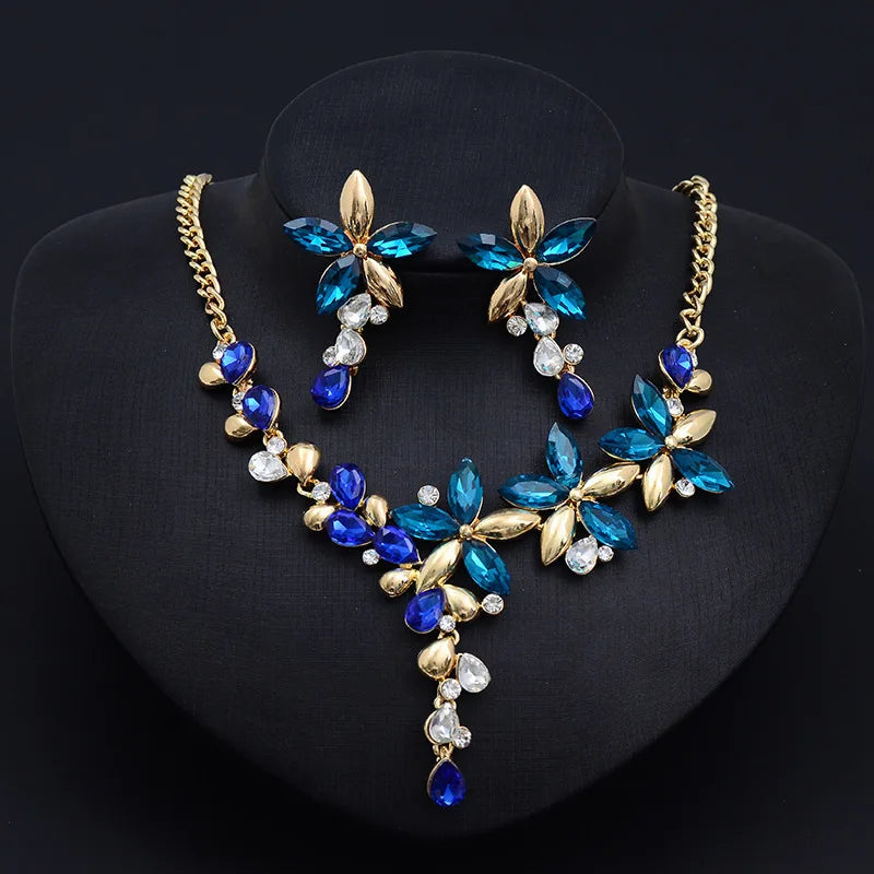 2Pcs/set Rhinestone Flower Necklace Earrings Set Luxury Morrocan Jewelry Set Accessories Valentine's Party Beach Jewelry Bijoux-Dollar Bargains Online Shopping Australia