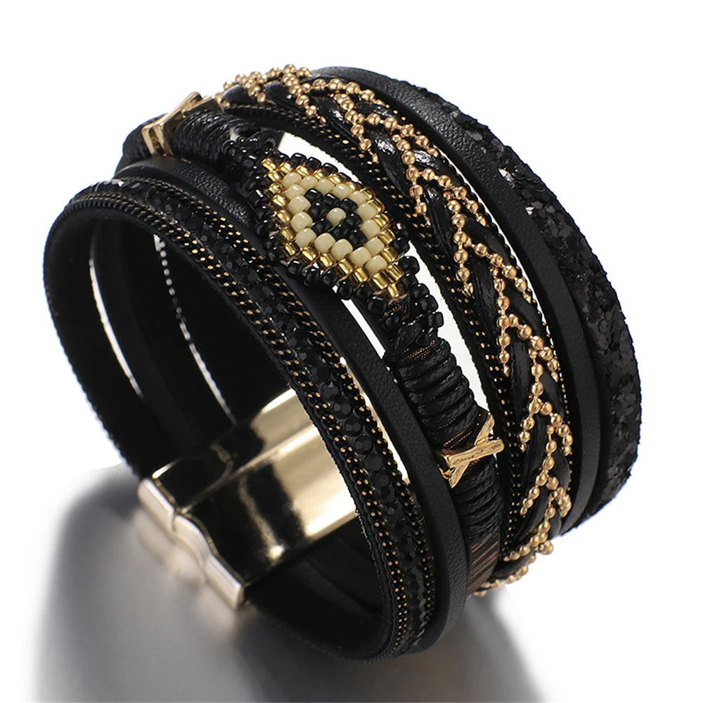 Multilayer Handwoven Leather Bracelet for Women Magnet Buckle Wide Bracelet Rice Bead Woven Devil's Eye Leather Bracelet-Dollar Bargains Online Shopping Australia