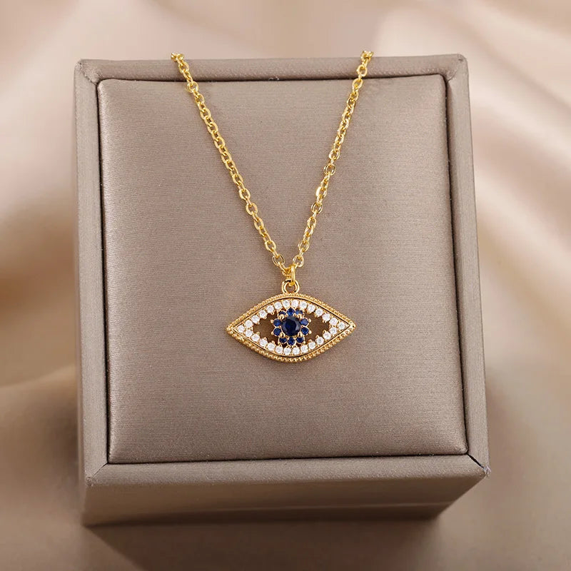 Zircon Evil Eye Pendant Necklace For Women Stainless Steel Turkish Eye Fatima Hand Chain Choker Collar Goth Jewelry-Dollar Bargains Online Shopping Australia