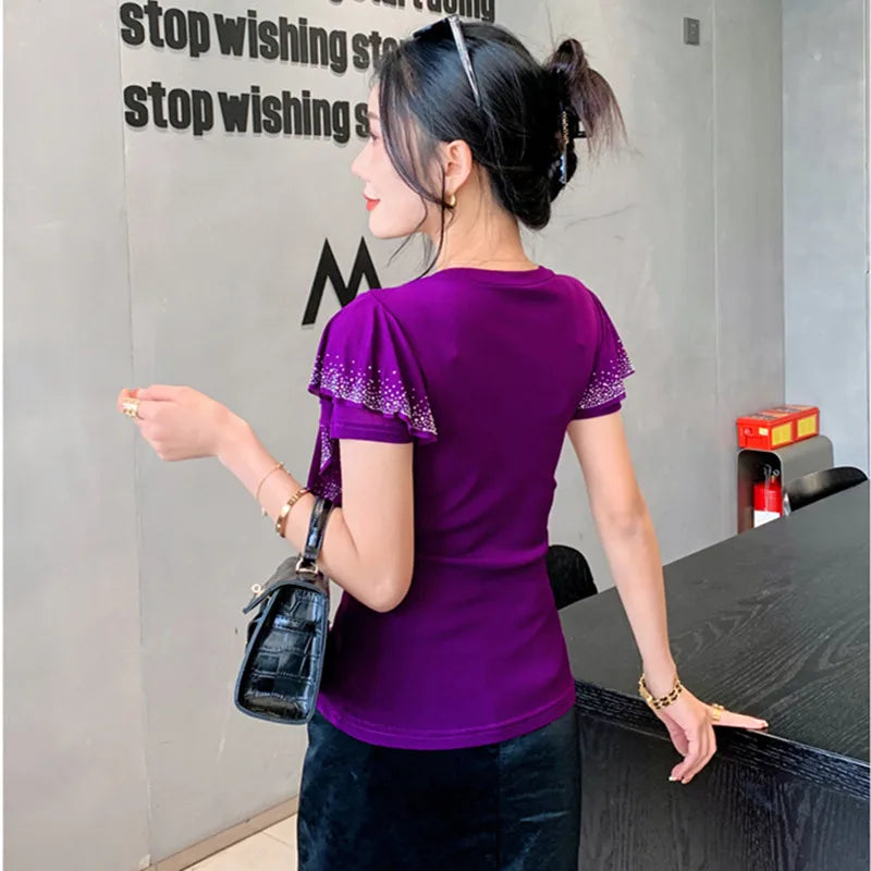 Women's T-Shirt Fashion Casual V-Neck Hollow Out Hot Diamonds Tees Female Ruffled Short Sleeved Mesh Tops-Dollar Bargains Online Shopping Australia