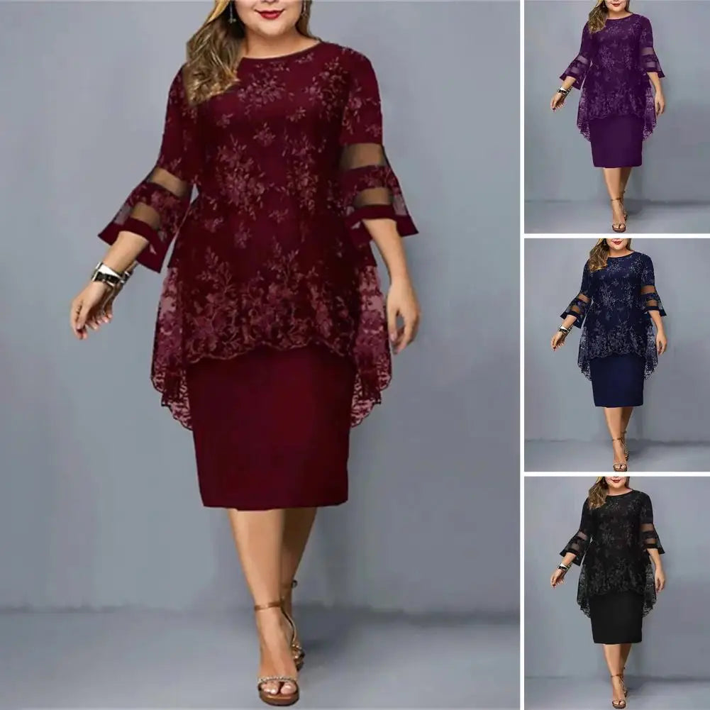 Lady Party Dress Lace Patchwork Flare Sleeves Midi Dress Fake Two Piece Elegant Bodycon Dress For Wedding Banquet-Dollar Bargains Online Shopping Australia