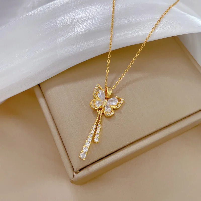 Romantic White Tassel Butterfly Necklace Fashionable Micro-inlaid Temperament Versatile Stainless Steel Gift-Dollar Bargains Online Shopping Australia