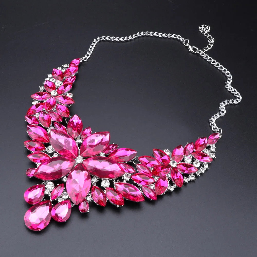 Fashion Pink Flowers Bridal Wedding Party Prom Costume Jewelry Sets Indian Necklace Earrings Sets for Brides Bridesmaids-Dollar Bargains Online Shopping Australia