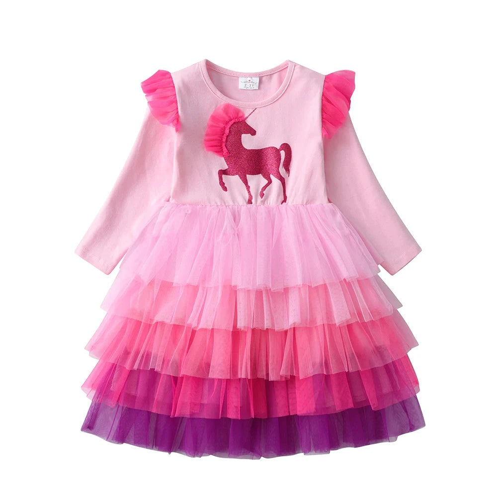 Girls Long Sleeve Dress Kids Unicorn Cartoon Dresses Girls Layered Mesh Tulle Princess Birthday Party Children Clothing-Dollar Bargains Online Shopping Australia