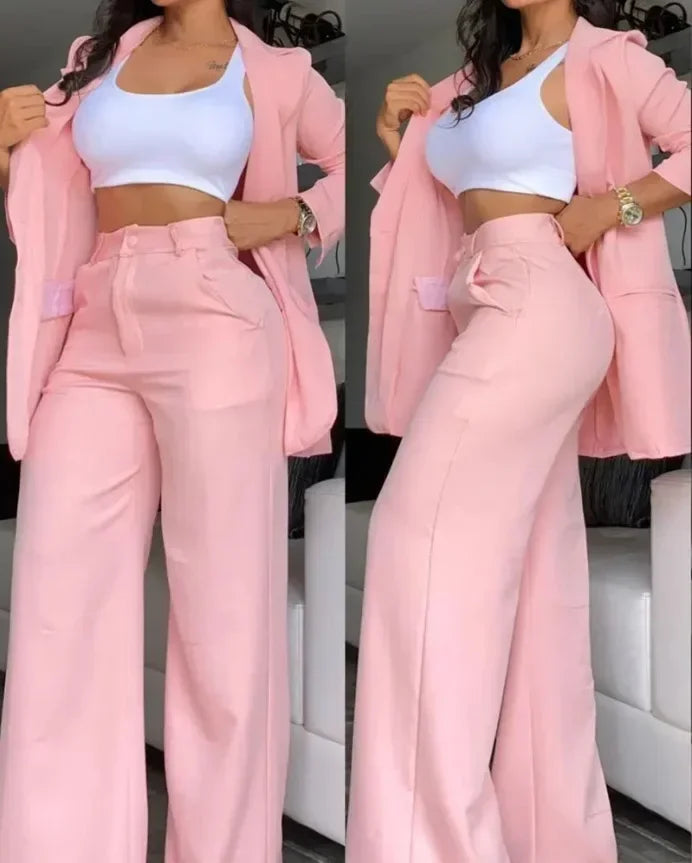 Elegant Autumn Women's Blazer and Pants Two Piece Set Female Outifits Fashion Notched Collar Coat & Pocket Design Trouser Suit-Dollar Bargains Online Shopping Australia