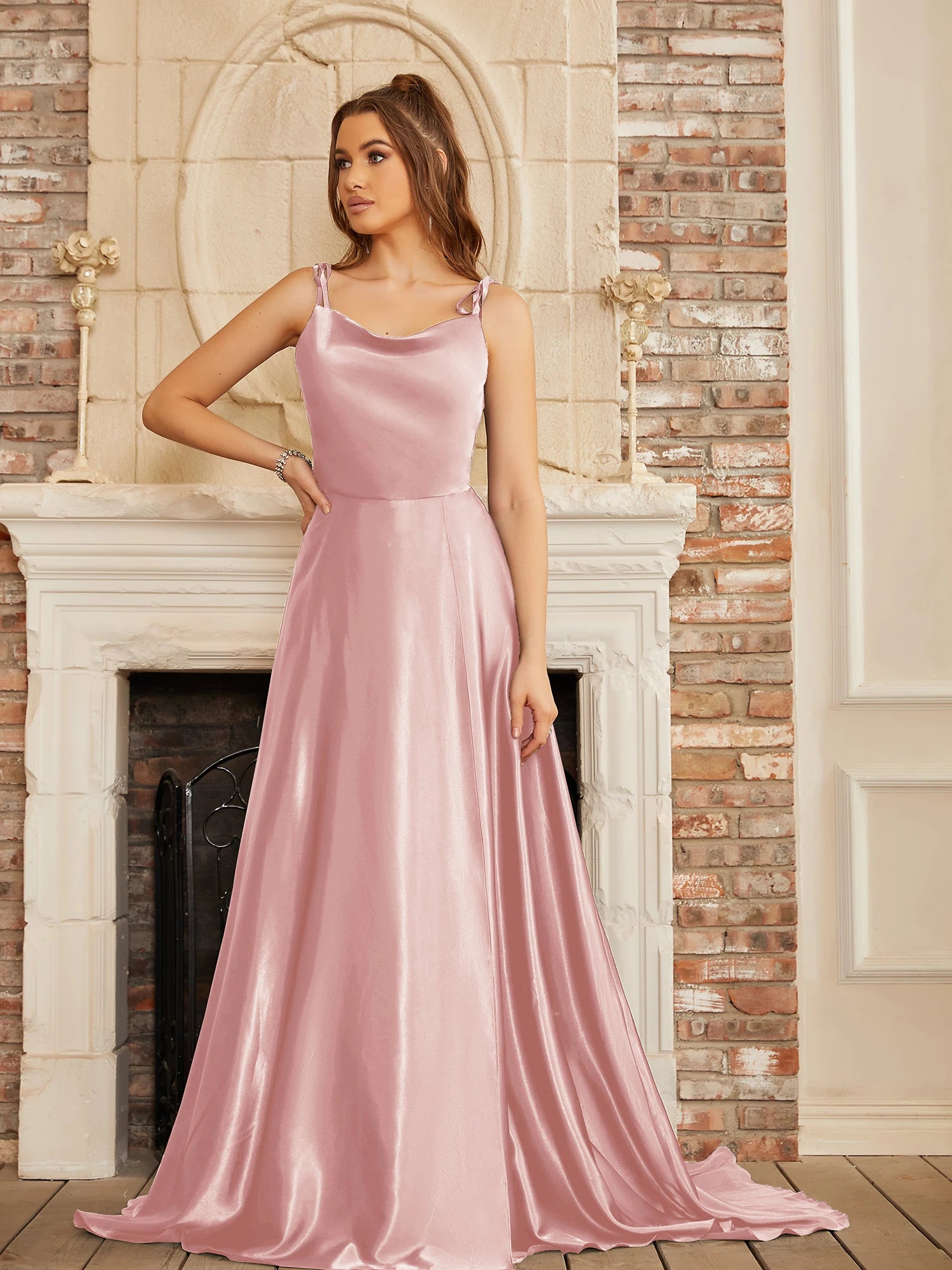 Soft Sliky Satin Bridesmaid Gown Cowl Neckline Thin Straps Leg Slit and Flowing A-line Skirt Women-Dollar Bargains Online Shopping Australia