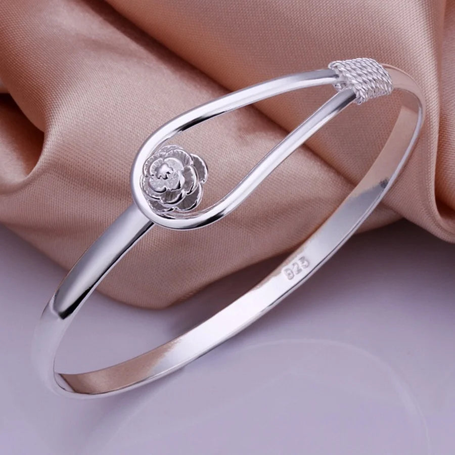 Silver Bangle Bracelet Jewelry Women Cute Girl Fashion Noble Qualities Female Charm Flower Buckle-Dollar Bargains Online Shopping Australia