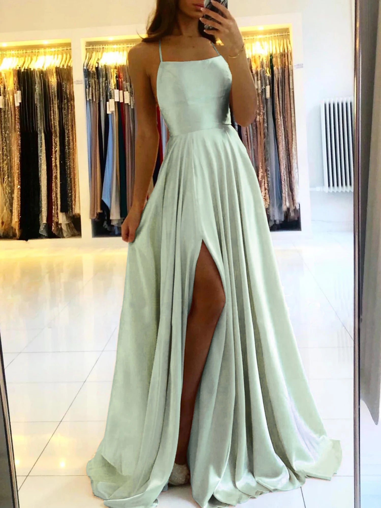 Satin Maxi Flared Dress Sexy Bridesmaid Dress Open Back A Line Wedding Evening Gown with Train-Dollar Bargains Online Shopping Australia