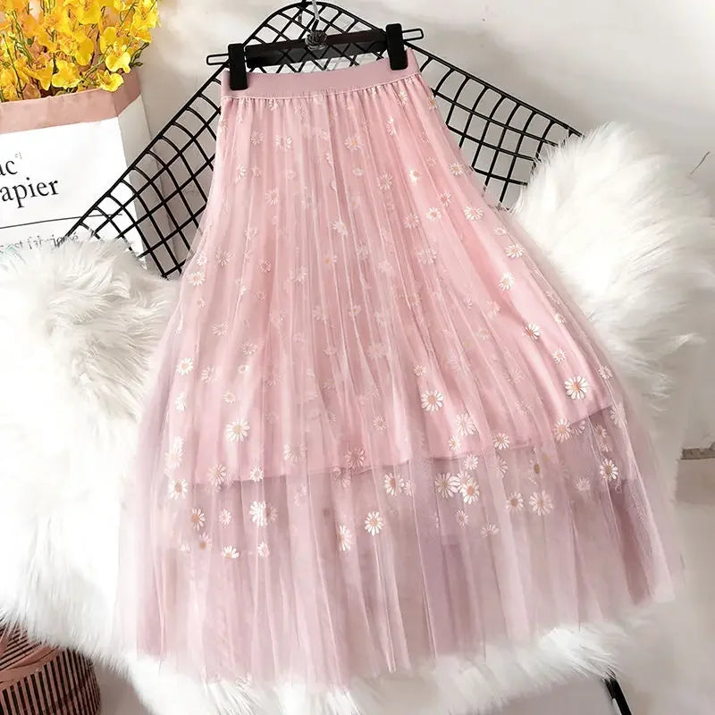 Skirts Women Tender Sweet Korean Style Printed Lady Mesh Ins Classy All-match College Elegant Popular Lovely Girls Stylish Charm-Dollar Bargains Online Shopping Australia