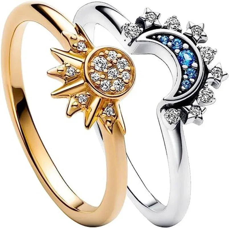 2pc/set Summer Couple Ring Set Sky Blue Sparkling Moon and Sun Ring Stackable-Dollar Bargains Online Shopping Australia