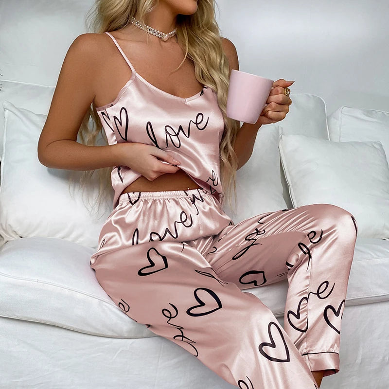 Women's Pijamas Sexy Lingerie Silk Pajamas Set Sleepwear Satin Cami Vest with Trousers Nightwear Pyjama-Dollar Bargains Online Shopping Australia