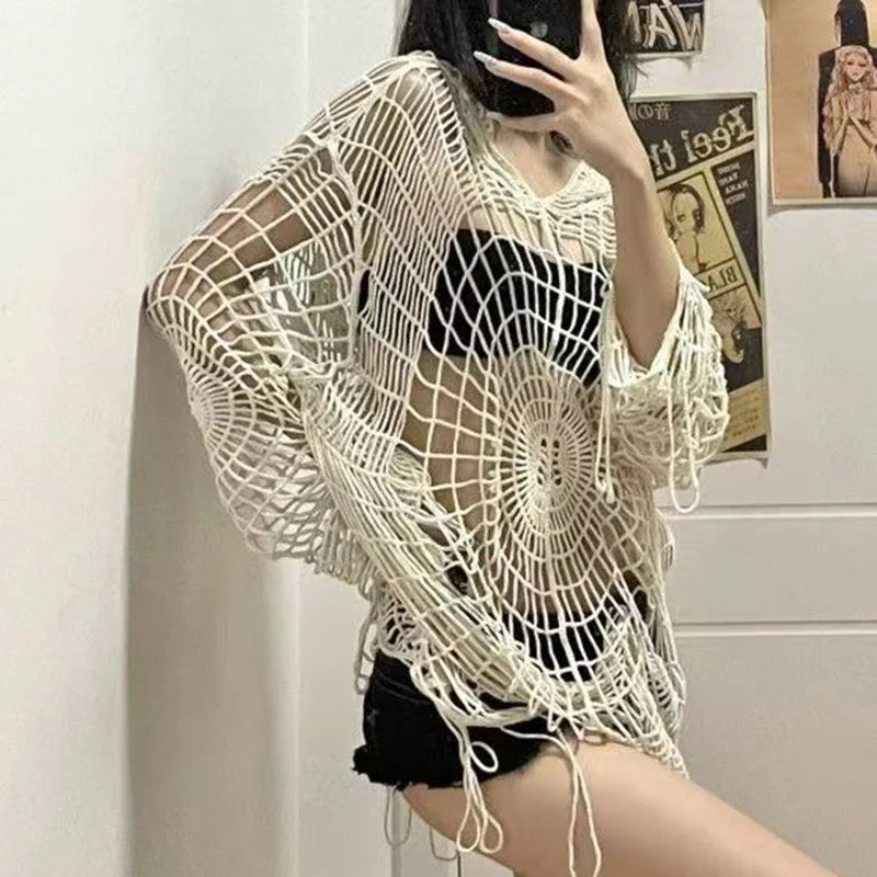 Y2K Hollow Knit Hooded Tops Women Goth Spider Web Spice Girl Mesh Pullovers Female Korean Fashion Fishing Net Sweaters-Dollar Bargains Online Shopping Australia