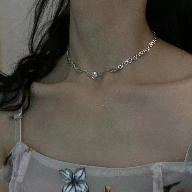 Y2K Silver Color Irregualr Choker Necklace for Women Girls Love Heart Crystal Clavicle Chain Necklace-Dollar Bargains Online Shopping Australia