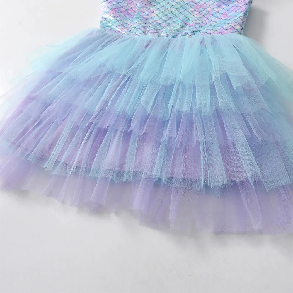 Girls Flare Sleeve Summer Dress Kids Mermaid Print Birthday Party Travel Beach Princess Dresses Girls Mesh Tulle Dress-Dollar Bargains Online Shopping Australia