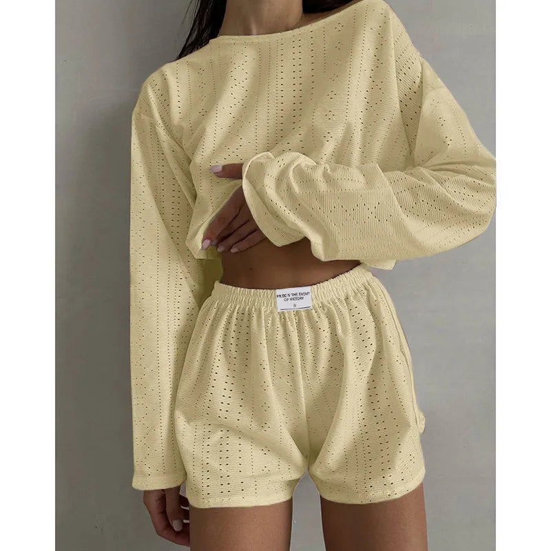 Women's Pajamas Set Spring Long Sleeve Tops With Shorts Sleepwear 2 Piece Set Loose Round Neck Home Wear Loungewear Pyjama Femme-Dollar Bargains Online Shopping Australia