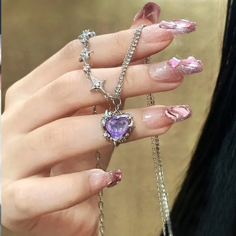 Y2K Purple Crystal Heart Pendant Necklace Women Sweet Cool Girl Punk Clavicle Chain Fashion Aesthetic Necklace-Dollar Bargains Online Shopping Australia