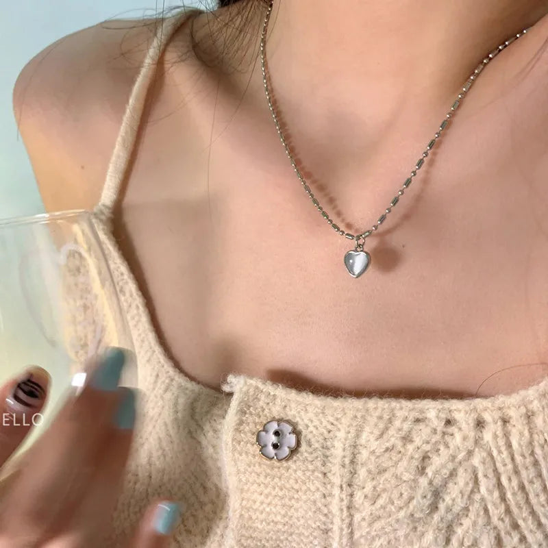 Kpop Heart Necklace French Lucky Bean Love Clavicle Chain Korean Simple Female double layer Necklace Female Pendant for Women-Dollar Bargains Online Shopping Australia