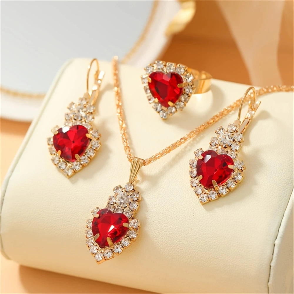 Luxurious Design Heart Shape Red Crystal Necklace Ring Earrings Jewelry Set Elegant Bridal Wedding Accessories Anniversary Gifts-Dollar Bargains Online Shopping Australia