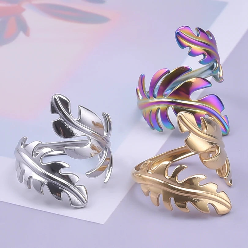 Leaf Shape Open Adjustable Rings For Women Stainless Steel Fashion Feather Shape Finger Rings Jewelry-Dollar Bargains Online Shopping Australia