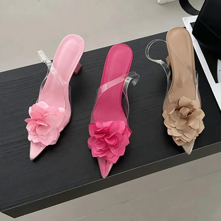 Women's Silk Flower Decorative Single Shoes Transparent PVC Pointed Slingbacks High Heels Party Dress-Dollar Bargains Online Shopping Australia