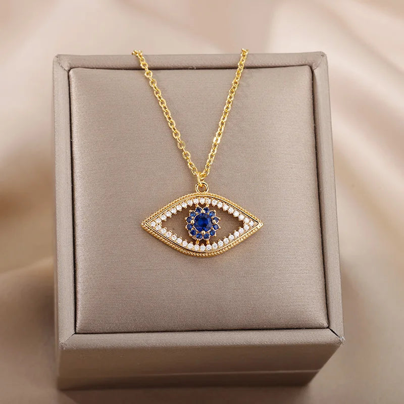 Zircon Evil Eye Pendant Necklace For Women Stainless Steel Turkish Eye Fatima Hand Chain Choker Collar Goth Jewelry-Dollar Bargains Online Shopping Australia