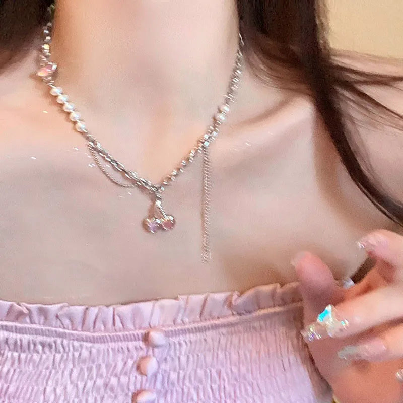 Kpop Heart Necklace French Lucky Bean Love Clavicle Chain Korean Simple Female double layer Necklace Female Pendant for Women-Dollar Bargains Online Shopping Australia