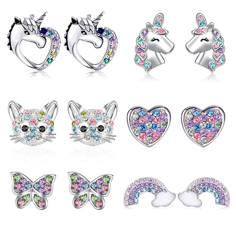 Unicorn Stud Earrings for Little Girl Kids Crystal Cat Butterfly Rainbow Heart Star Earring-Dollar Bargains Online Shopping Australia