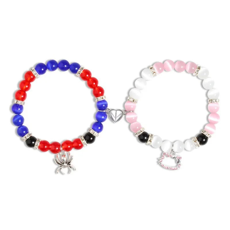 2Pcs/Set Pink Color Hello Cat Beaded Bracelets for Women Heart Magnetic Matching Couple Bracelets Girls Festival Jewelry Gifts-Dollar Bargains Online Shopping Australia