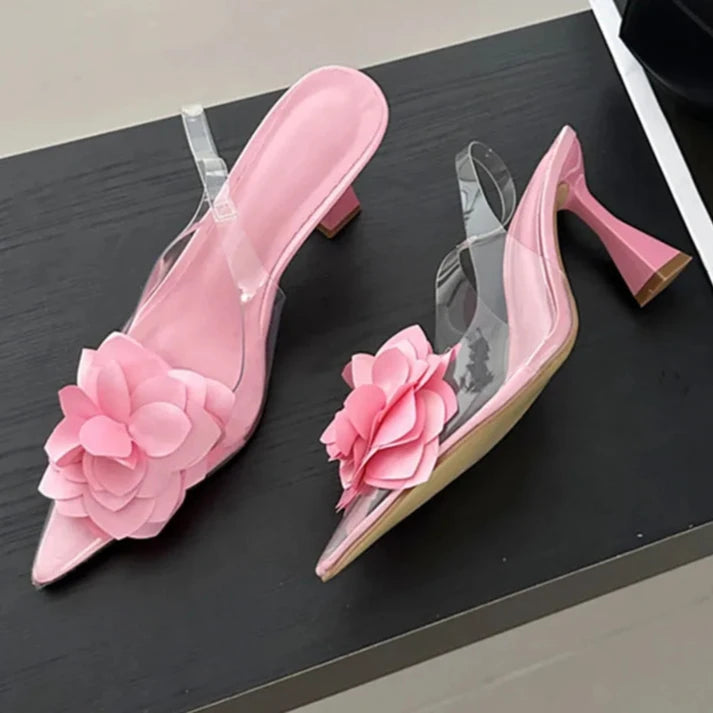 Women's Silk Flower Decorative Single Shoes Transparent PVC Pointed Slingbacks High Heels Party Dress-Dollar Bargains Online Shopping Australia