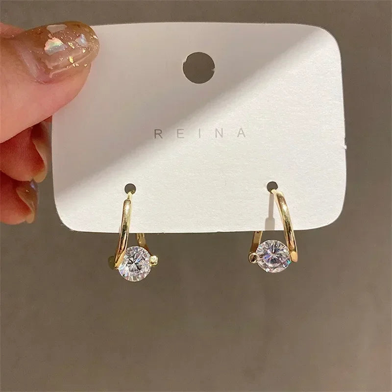 Gold Color Round Zircon Simple Drop Dangle Earrings for Women Charm Korean Hoop Jewelry Wedding Birthday Gift-Dollar Bargains Online Shopping Australia