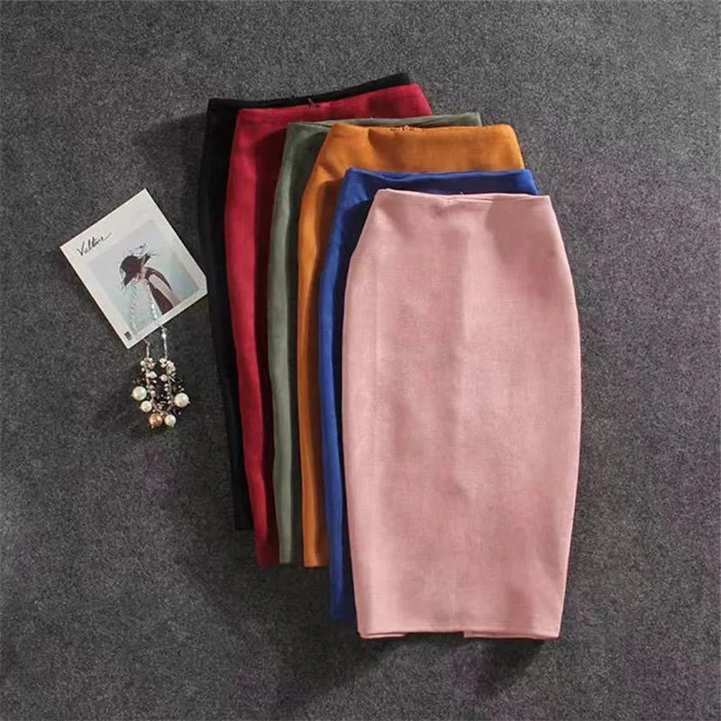 Multi Pencil Skirt Womens Solid Color High Waist Suede Sheath Back Split Midi Bodycon Skirts-Dollar Bargains Online Shopping Australia