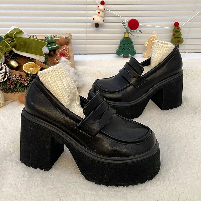 Super High Heels Loafers Women 2024 Spring Patent Leather Chunky Platform Pumps Woman Slip On Black Jk Uniform Shoes Mary Janes-Dollar Bargains Online Shopping Australia