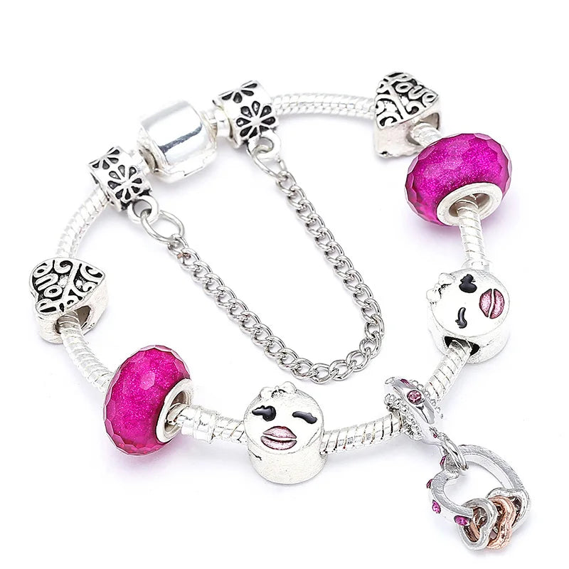 Buipoey Silver Plated Heart Key Pendant Charm Bracelets For Women Original Girls Princess Crown Beaded Bracelet Wife Jewelry-Dollar Bargains Online Shopping Australia