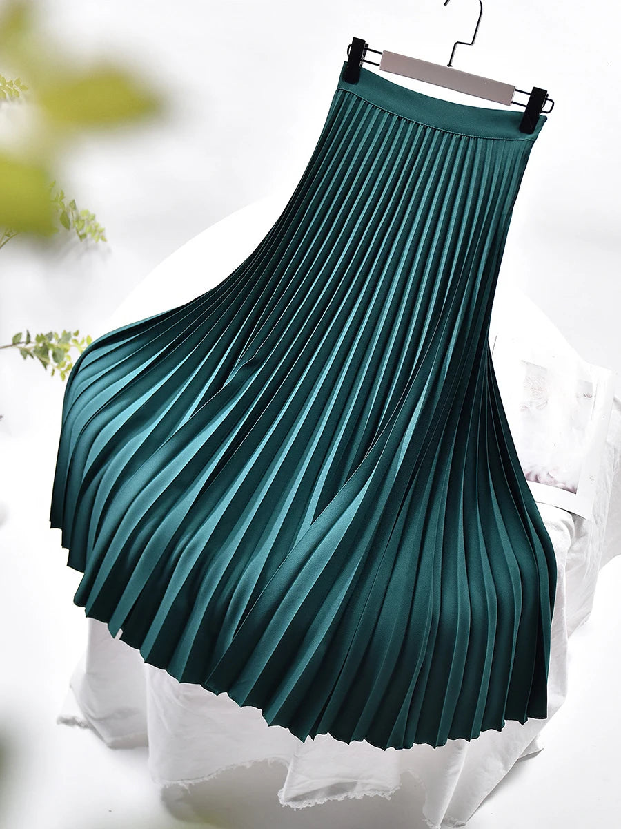 Women Spring Autumn Elegant Chic Solid Pleated Skirt High Waist Luxury Fashion With Elastic Female-Dollar Bargains Online Shopping Australia