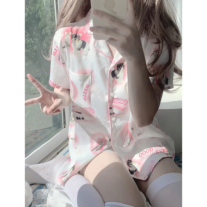 Cartoon Pink Series Cartoon Cat Pajamas Cute Pjs Short Sleeved Shorts Pyjamas Comfortable Home Clothes Girl Sleepwear-Dollar Bargains Online Shopping Australia