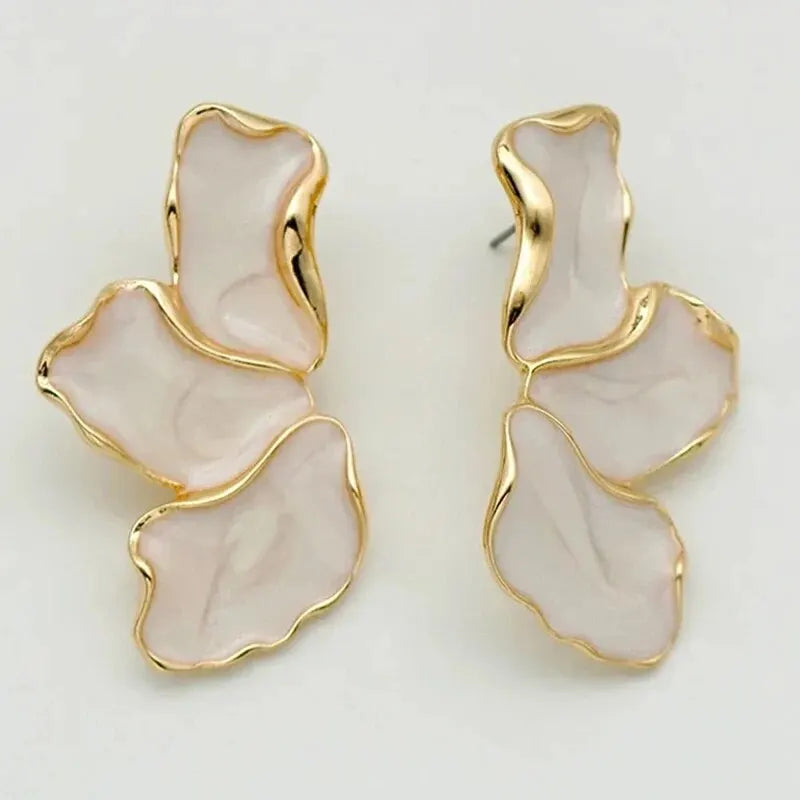 Metal Flower Cream Epoxy Earring Stud Women Fashion Gold Color Plating Irregular Post Earrings Heavy Design Statement Earrings-Dollar Bargains Online Shopping Australia