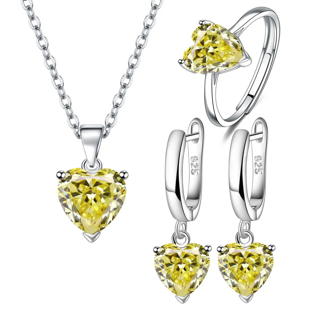 Silver Jewelry Sets For Women Heart Zircon Ring Earrings Necklace Wedding Bridal Elegant Christmas-Dollar Bargains Online Shopping Australia