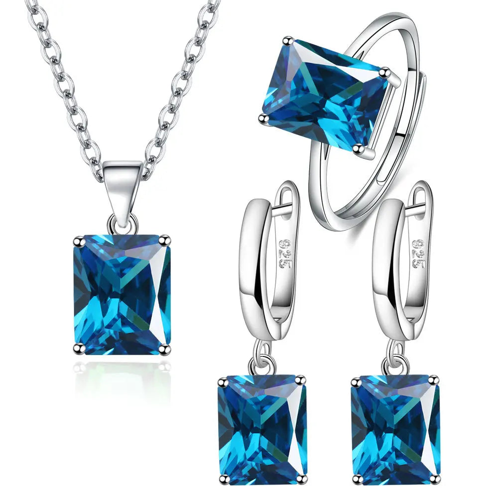 925 Sterling Silver Ring Earrings Necklace For Women Rectangle Geometry Zircon Wedding Elegant Jewelry Sets-Dollar Bargains Online Shopping Australia