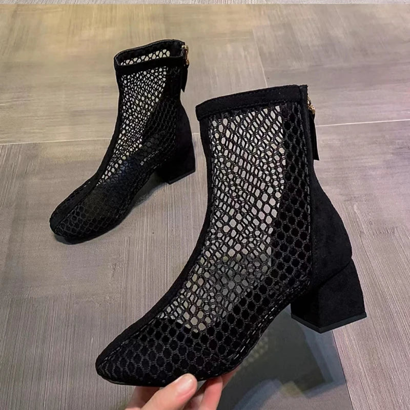 Fashionable Sports Sexy Mesh Hollow Boots Solid Color Square Thick Heel Summer Casual Sandals-Dollar Bargains Online Shopping Australia