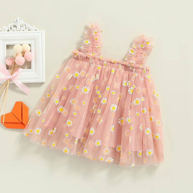 Toddler Dress Kids Girls Party 2023 Summer Sleeveless Daisy Floral Tutu Dress Layered Tulle Dress Princess Birthday Dresses-Dollar Bargains Online Shopping Australia