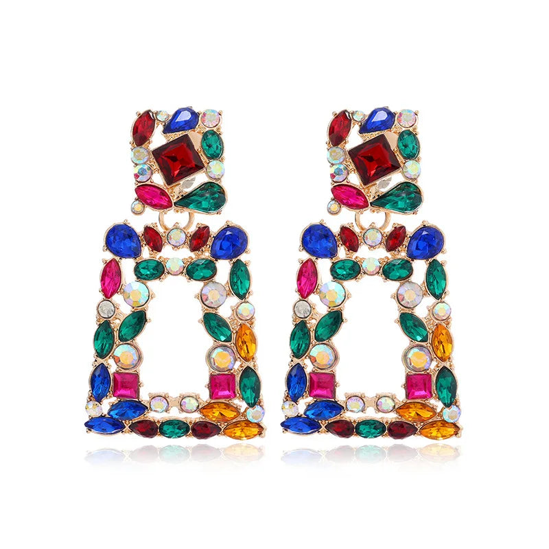 Boho Ethnic Colorful Crystal Clip on Earrings Women's Big Geometric ZA Statement Non Pierced Long Dangle Earrings Jewellery-Dollar Bargains Online Shopping Australia