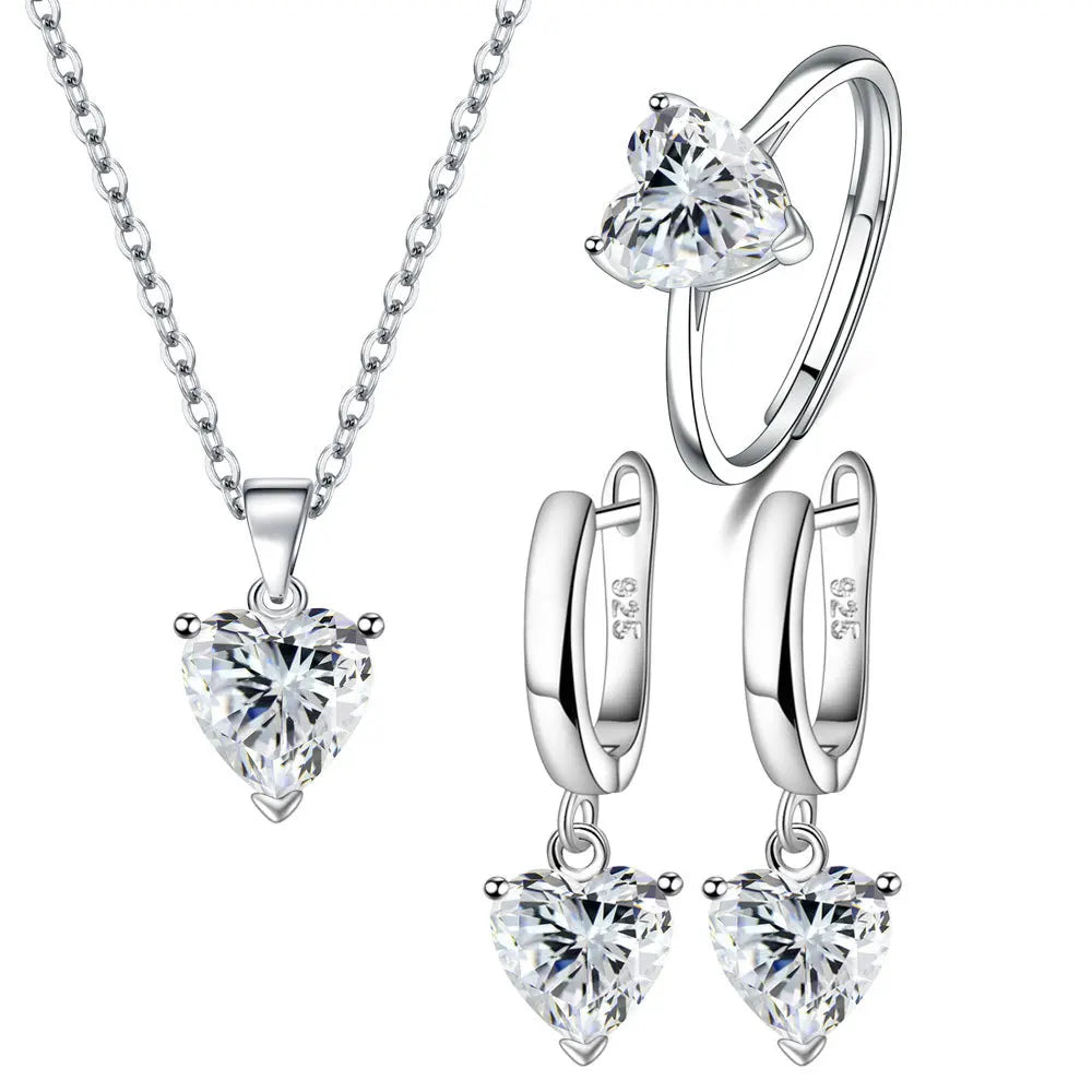 Silver Jewelry Sets For Women Heart Zircon Ring Earrings Necklace Wedding Bridal Elegant Christmas-Dollar Bargains Online Shopping Australia