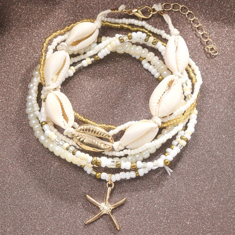 7pc/set Bohemian Rice Beads Starfish Pendant Anklet Set Fashion Summer Beach Sea Shell Multilayer Ankle Bracelet On Foot Jewelry-Dollar Bargains Online Shopping Australia