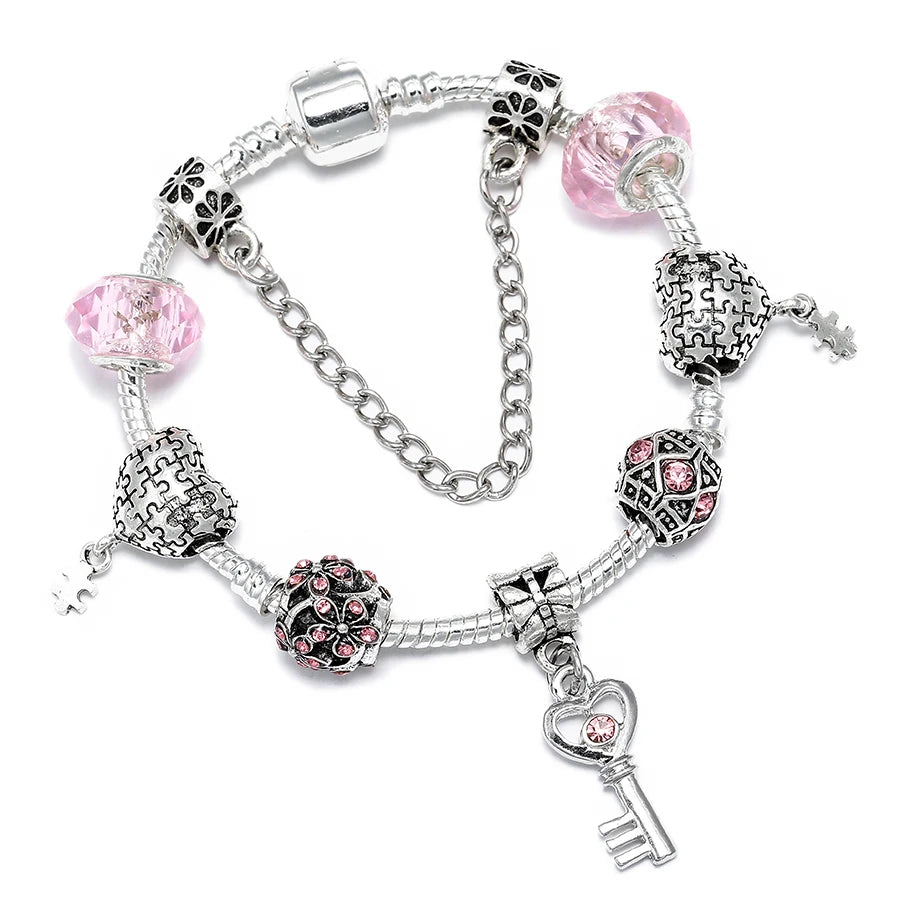 Buipoey Silver Plated Heart Key Pendant Charm Bracelets For Women Original Girls Princess Crown Beaded Bracelet Wife Jewelry-Dollar Bargains Online Shopping Australia