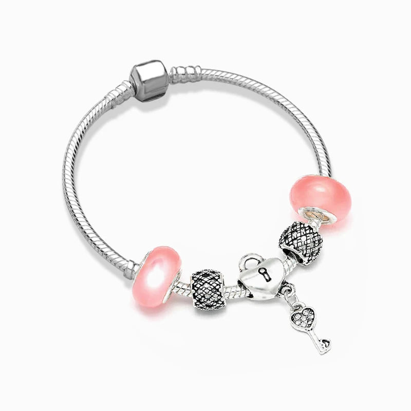 Buipoey Silver Plated Heart Key Pendant Charm Bracelets For Women Original Girls Princess Crown Beaded Bracelet Wife Jewelry-Dollar Bargains Online Shopping Australia