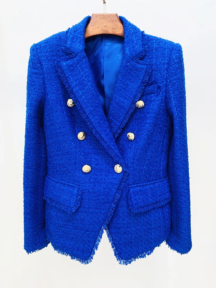 Womens Classic Slim Fitting Double Breasted Lion Buttons Fringed Tweed Blazer-Dollar Bargains Online Shopping Australia