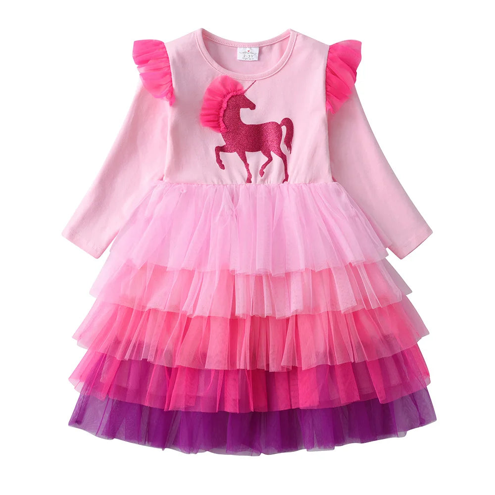 Girls Long Sleeve Dress Kids Unicorn Cartoon Dresses Girls Layered Mesh Tulle Princess Birthday Party Children Clothing-Dollar Bargains Online Shopping Australia