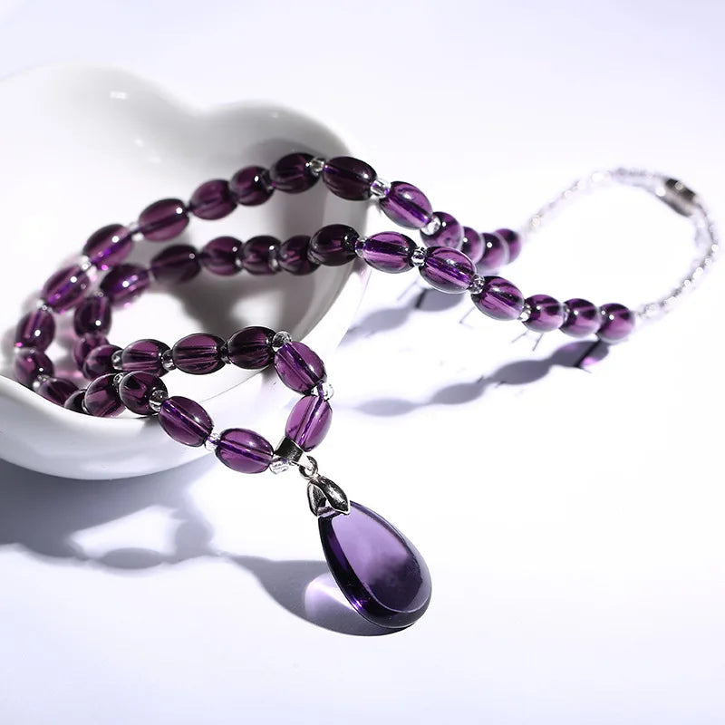 Natural Amethyst Earrings Necklace Set Purple Stone Jewelry Set for Women Vintage Wedding Party Jewelry Gift-Dollar Bargains Online Shopping Australia